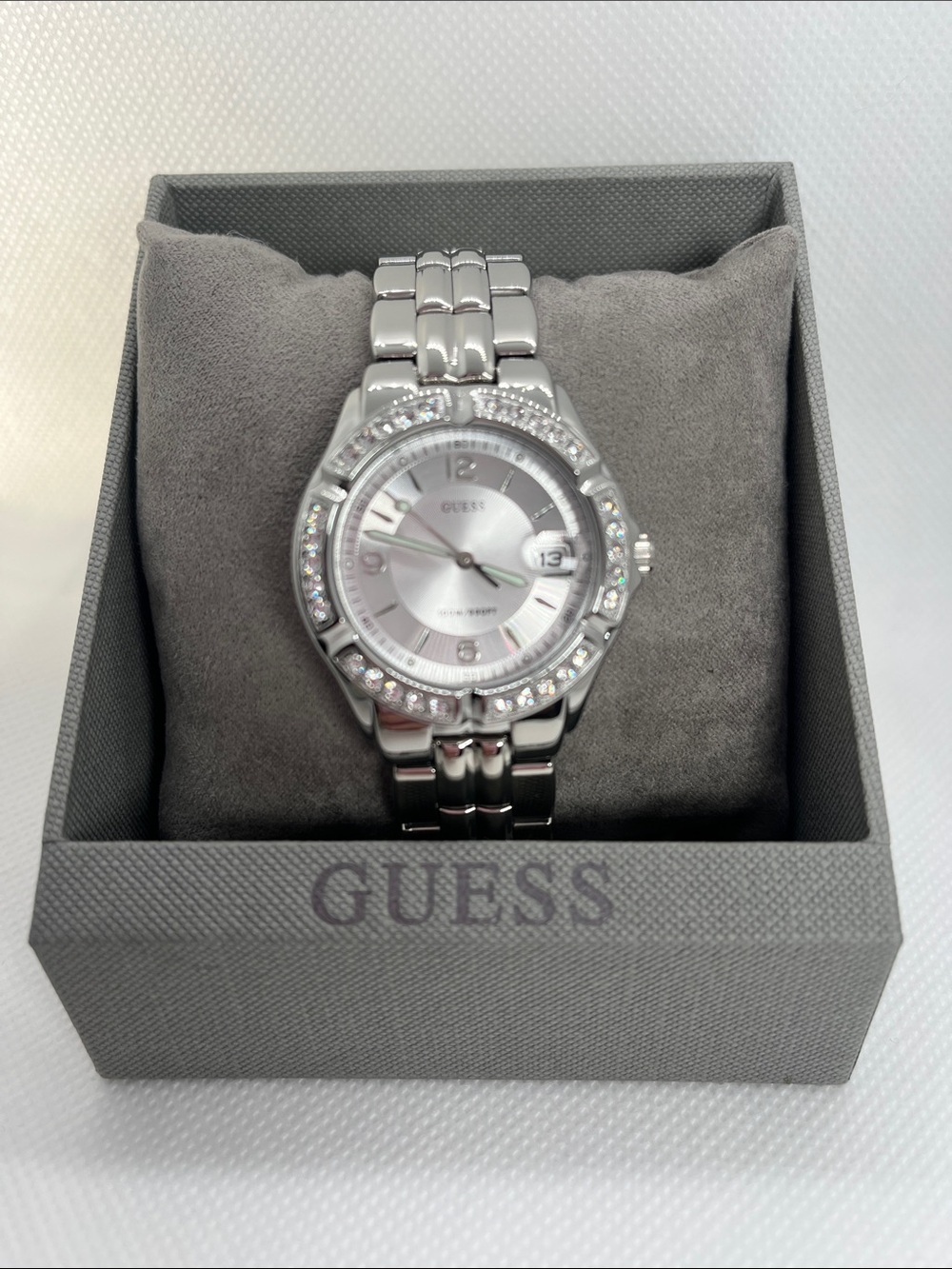 GUESS Silver-Tone Crystal Bezel Women's Bracelet Watch
